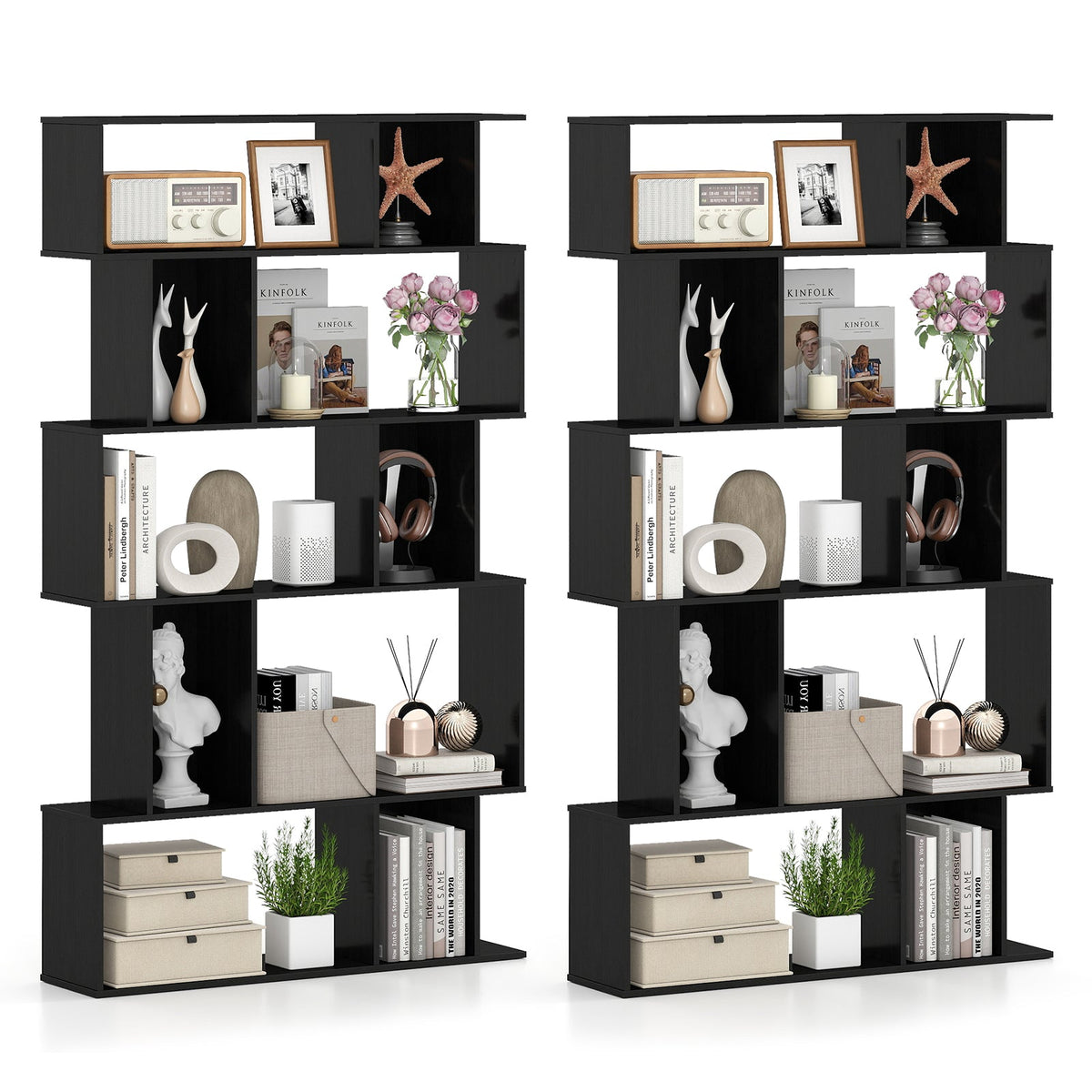 Geometric Bookshelf Set of 2 5-Tier Bookcase with Open Shelves and Closed-back Cubes