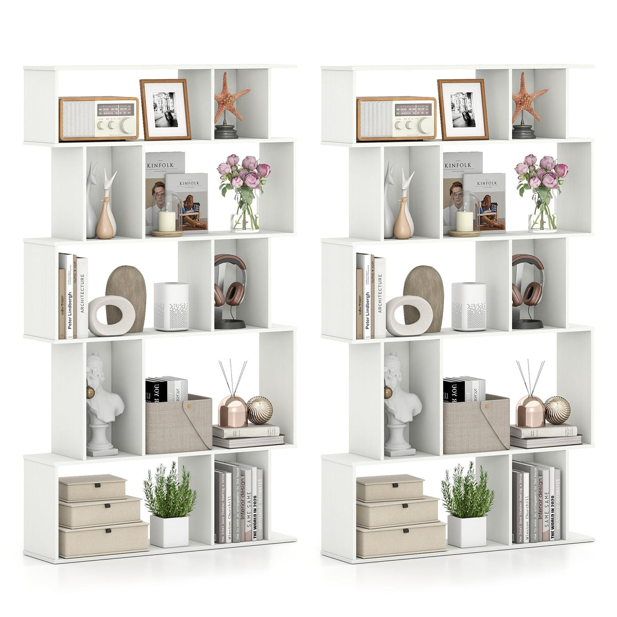 Geometric Bookshelf Set of 2 5-Tier Bookcase with Open Shelves and Closed-back Cubes