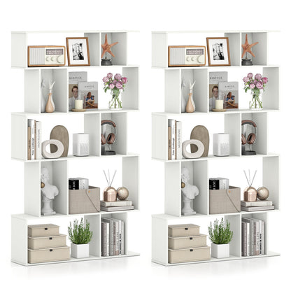Geometric Bookshelf Set of 2 5-Tier Bookcase with Open Shelves and Closed-back Cubes