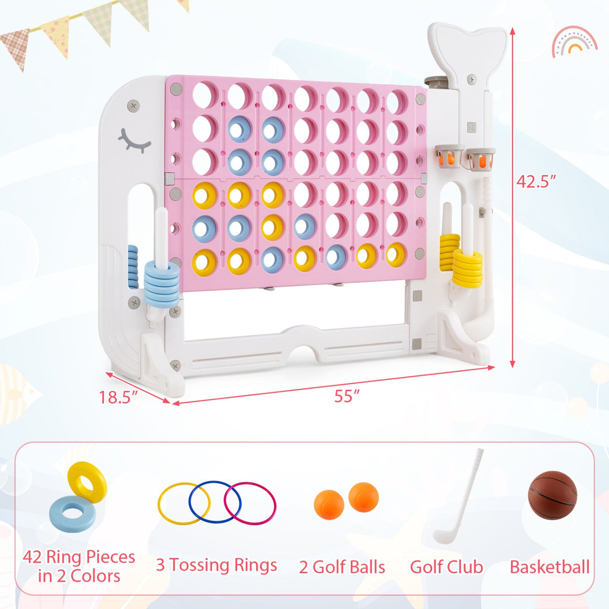 Giant 4-in-a-Row Game Set with Ring Toss and Basketball