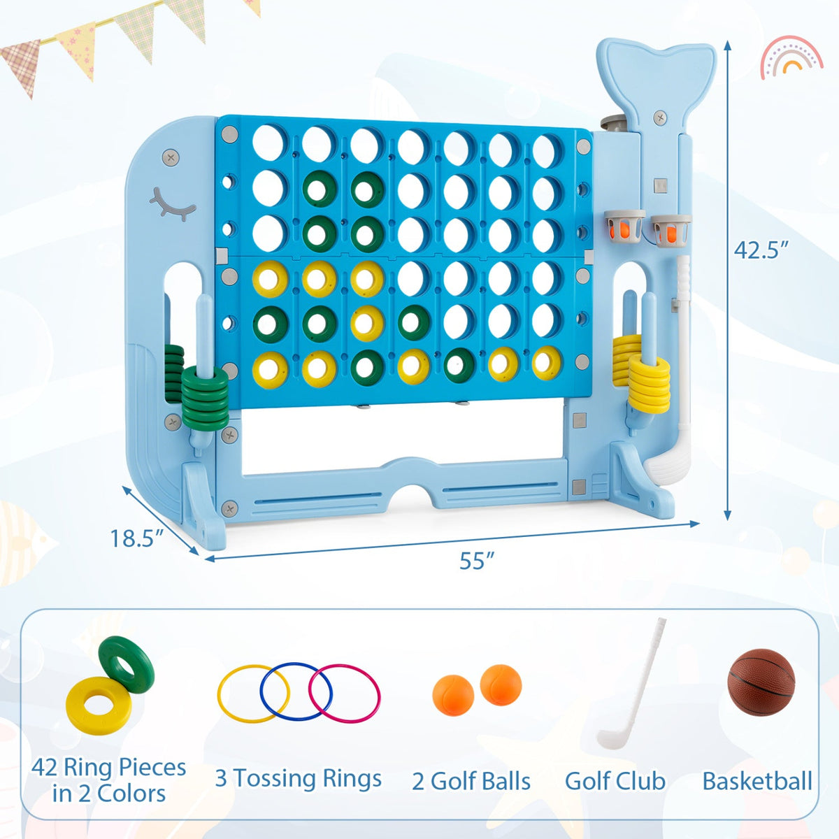 Giant 4-in-a-Row Game Set with Ring Toss and Basketball