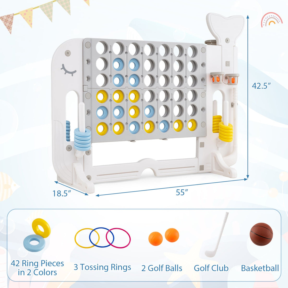 Giant 4-in-a-Row Game Set with Ring Toss and Basketball