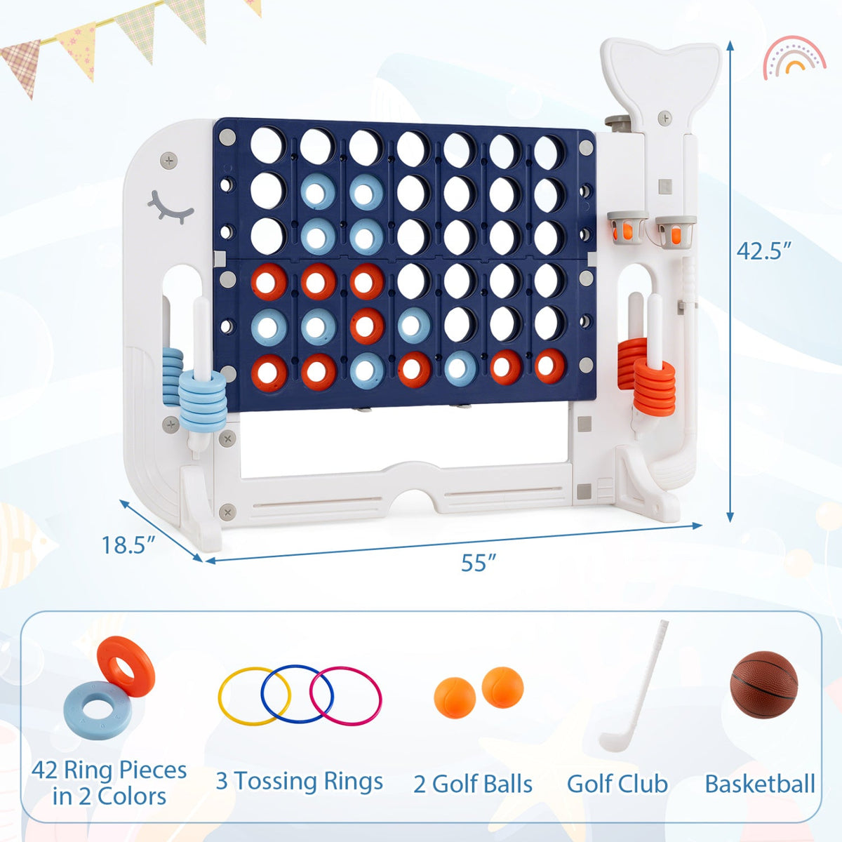 Giant 4-in-a-Row Game Set with Ring Toss and Basketball