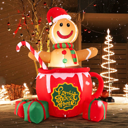 7 Feet Inflatable Gingerbread Man in Hot Cocoa Mug with Built-in LED Lights and Gift Boxes
