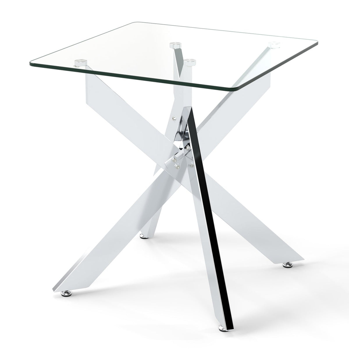 Glass Side Table Square End Table with Tempered Glass Top and Metal X Base-Silver