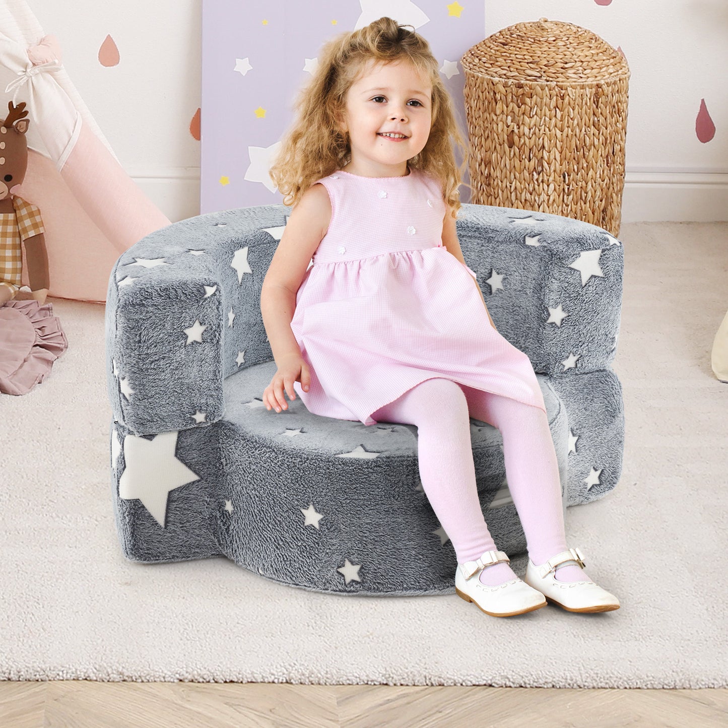 Kids Sofa Chair 2-in-1 Convertible with Glow in the Dark Stars