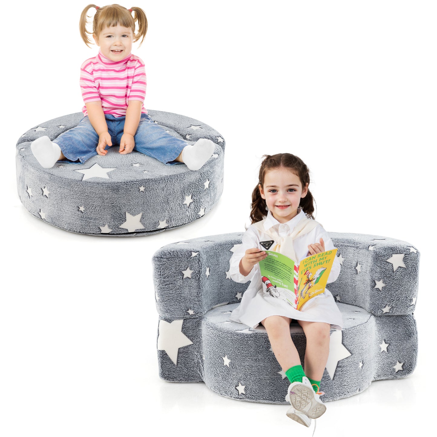 Kids Sofa Chair 2-in-1 Convertible with Glow in the Dark Stars