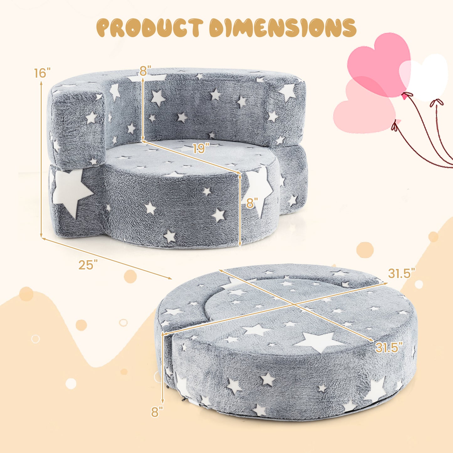 Kids Sofa Chair 2-in-1 Convertible with Glow in the Dark Stars