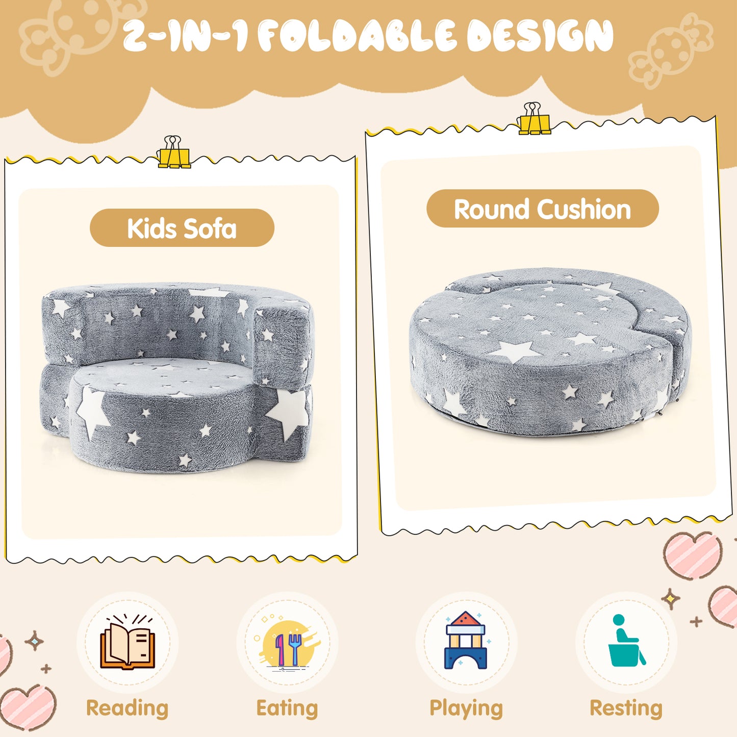 Kids Sofa Chair 2-in-1 Convertible with Glow in the Dark Stars