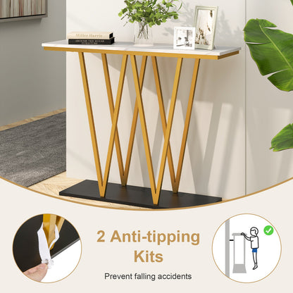 Gold Entryway Table 40 Inch Modern Console Table with Faux Marble Table and Metal Frame-White