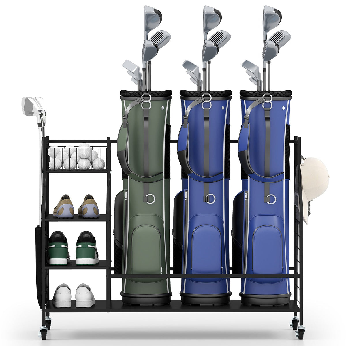 Golf Bag Organizer 3 Golf Bag Stand with Lockable Wheels and Hooks-Black