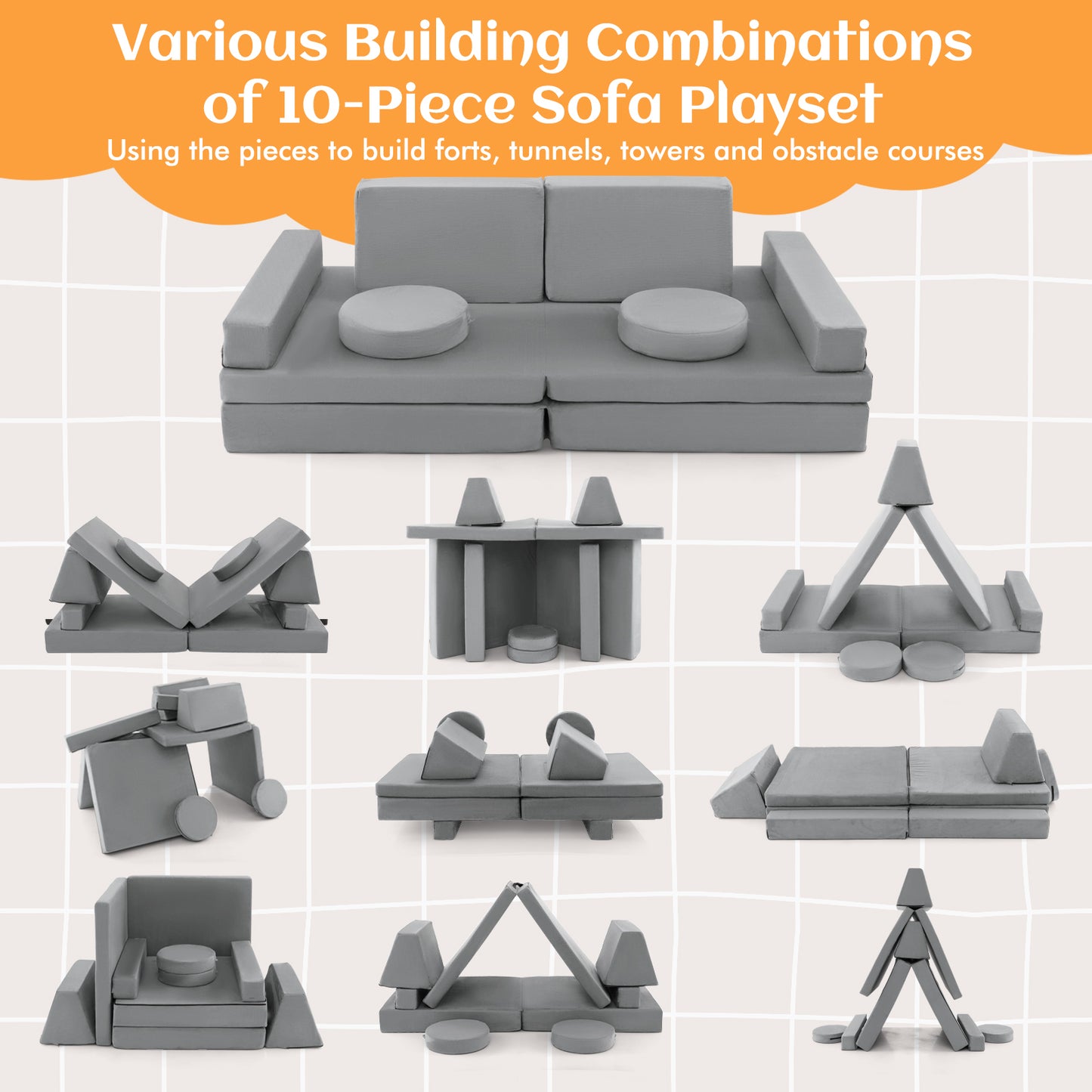 Kids Modular Play Couch 10-Piece Foam Sofa Set