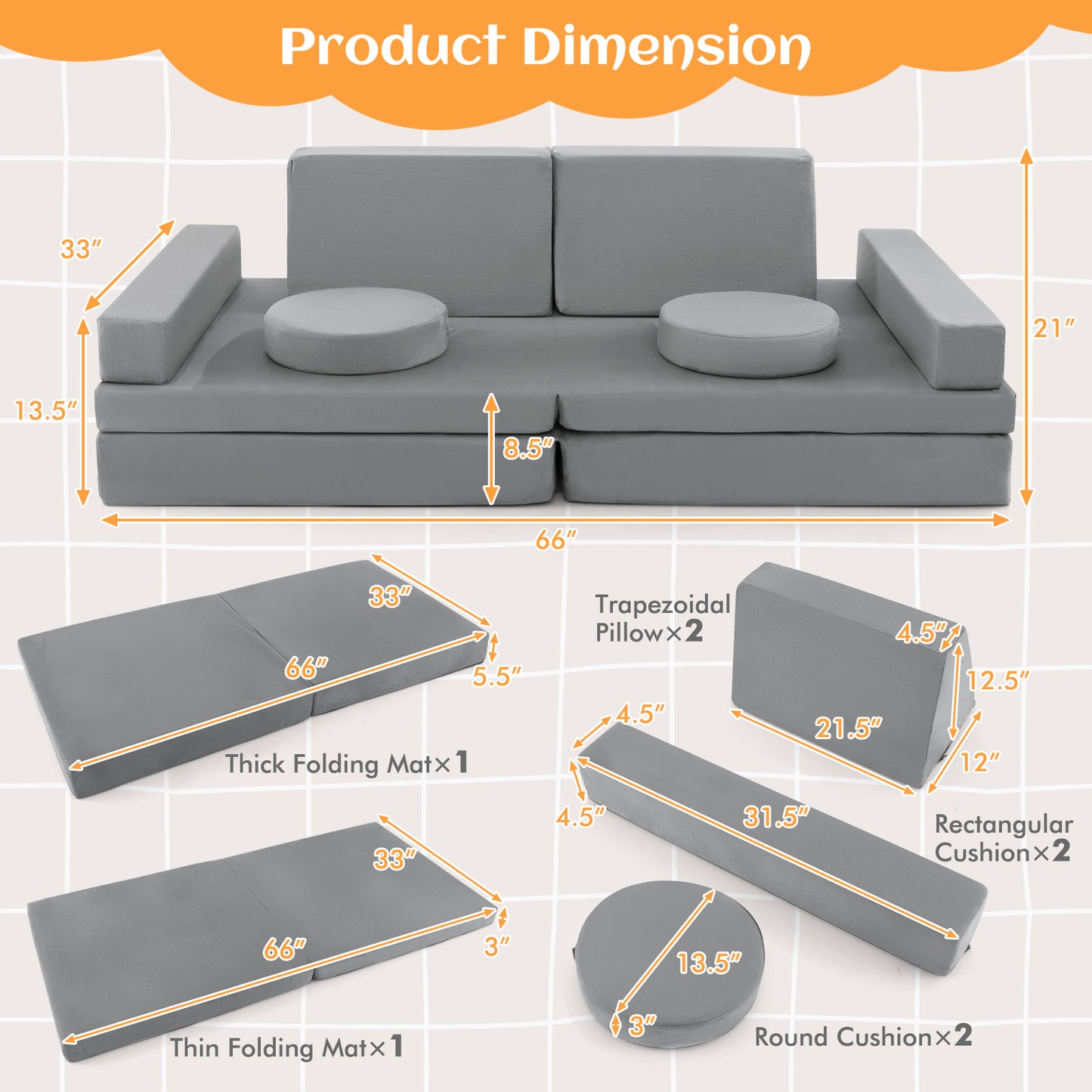 Kids Modular Play Couch 10-Piece Foam Sofa Set