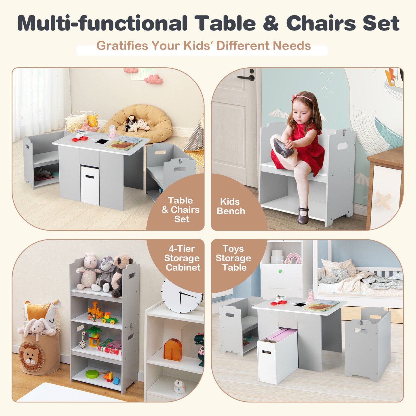 Kids Table and Chair Set with 4-in-1 Storage - Gray