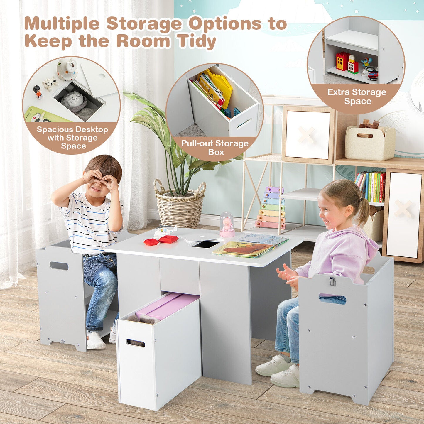 Kids Table and Chair Set with 4-in-1 Storage - Gray