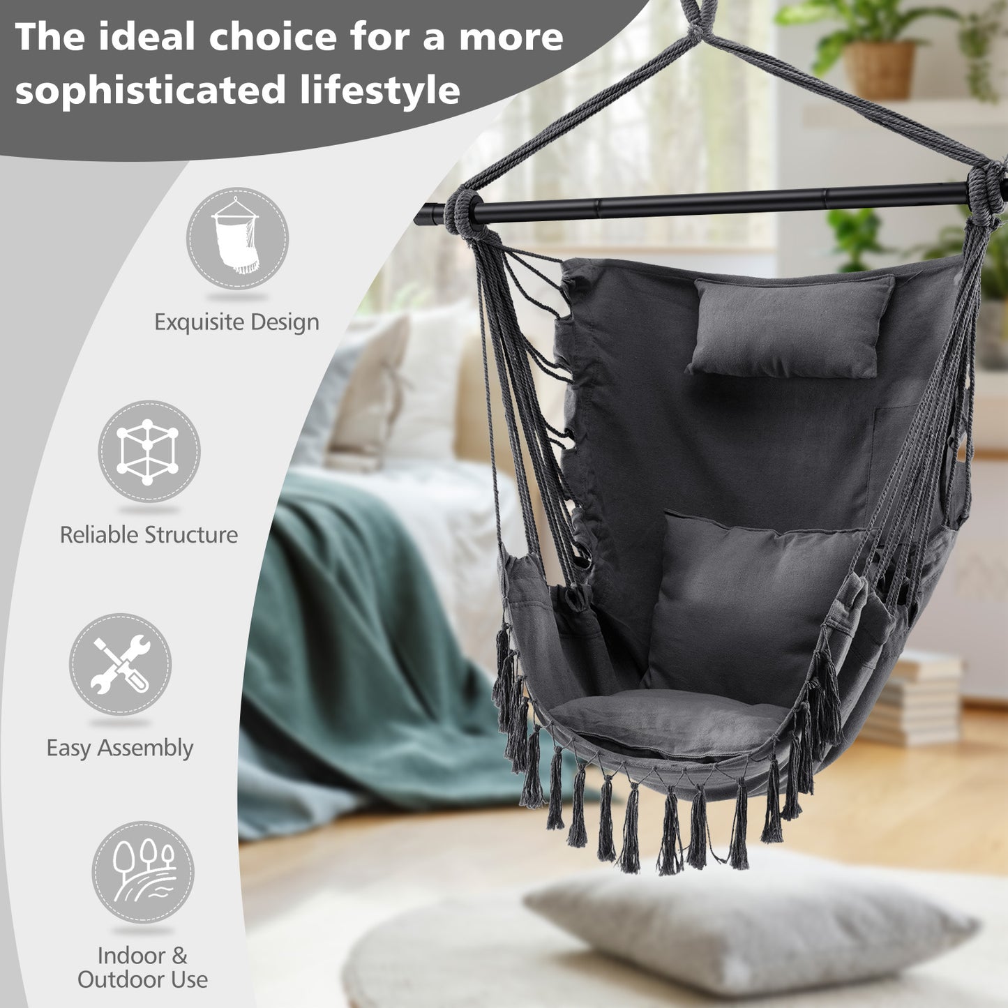 Hanging Rope Swing Chair with Pillow and Cushions