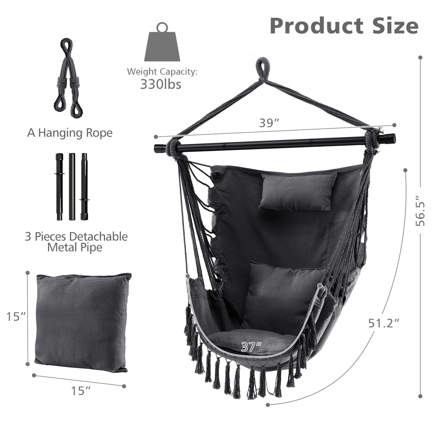 Hanging Rope Swing Chair with Pillow and Cushions