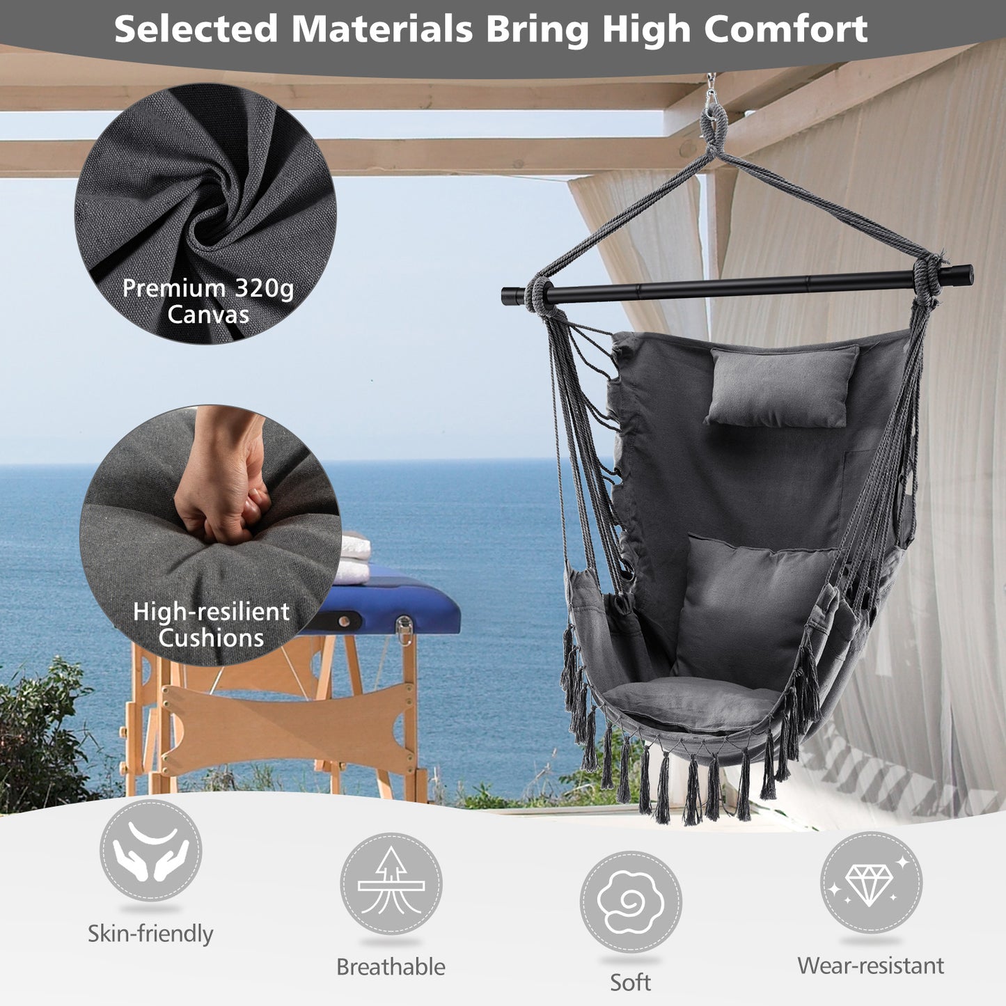 Hanging Rope Swing Chair with Pillow and Cushions