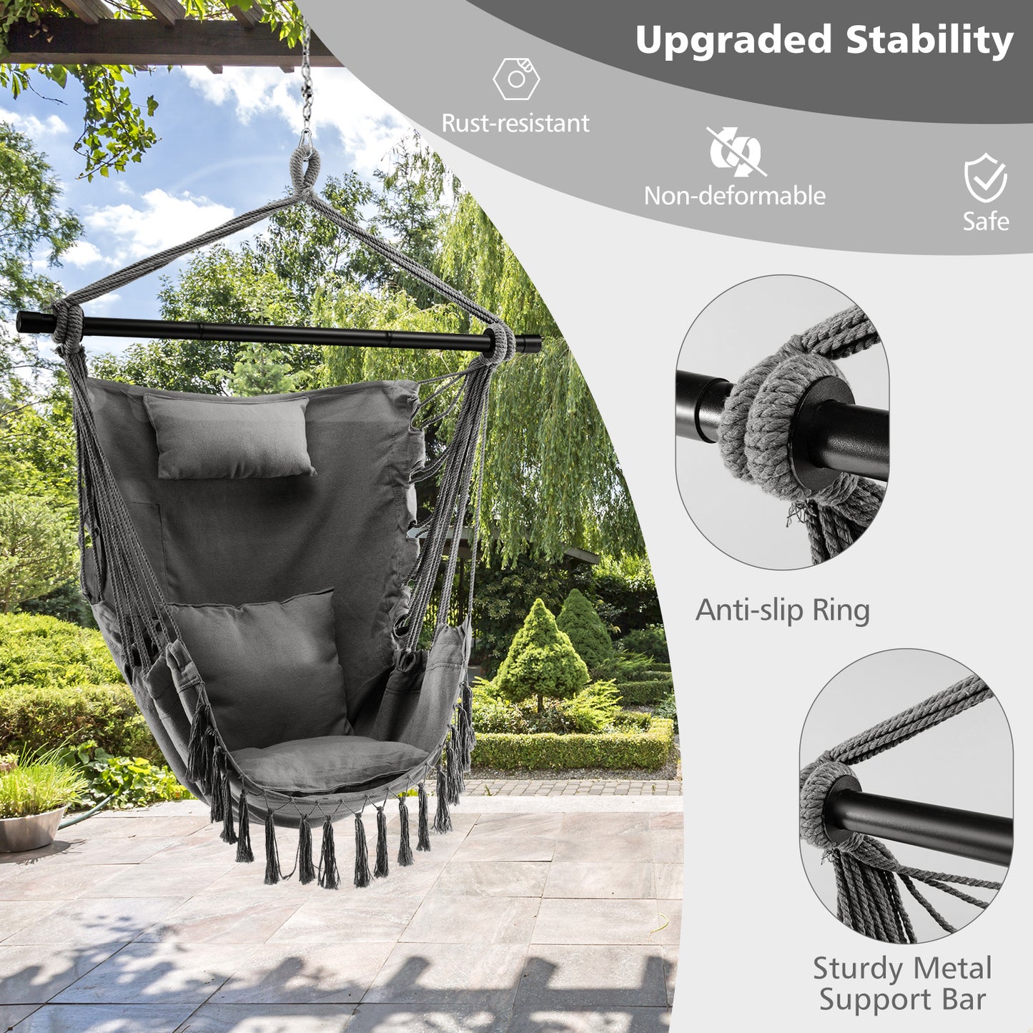 Hanging Rope Swing Chair with Pillow and Cushions