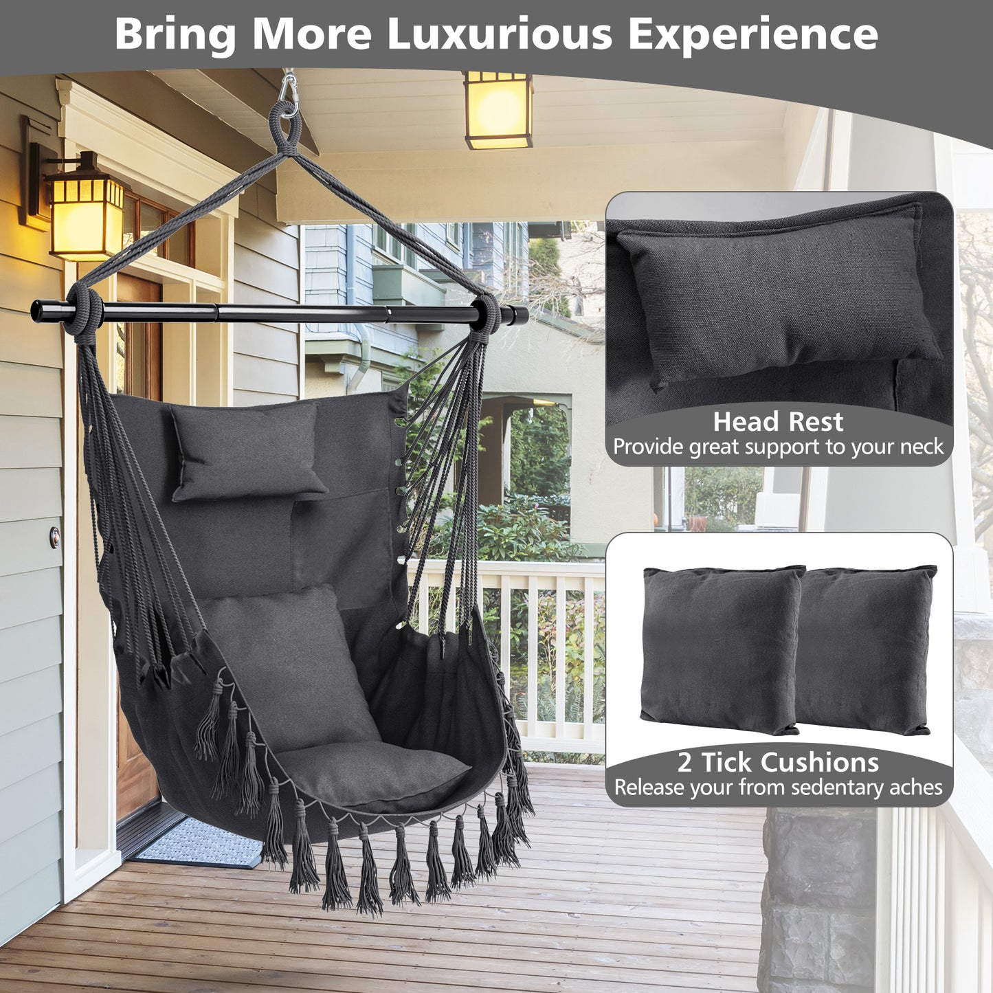 Hanging Rope Swing Chair with Pillow and Cushions