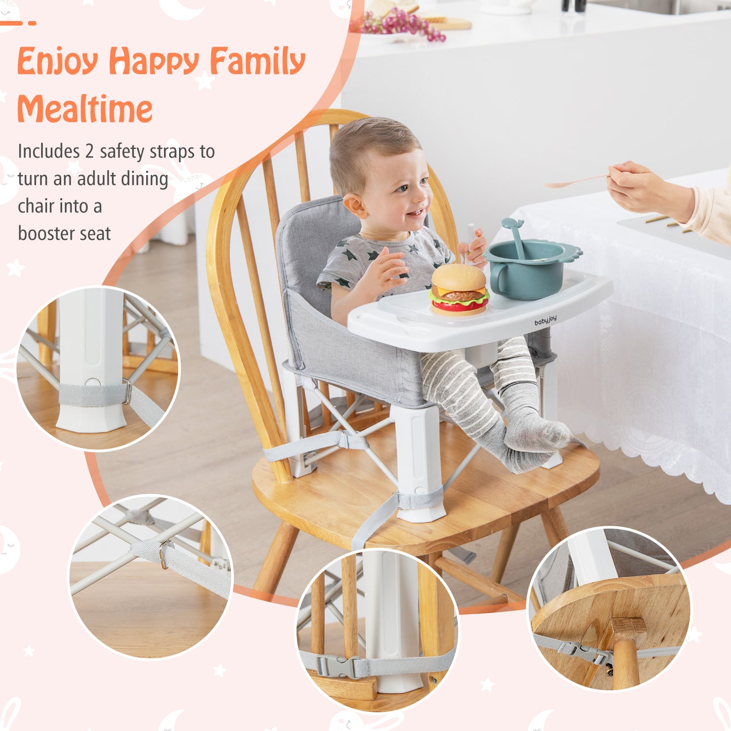 Portable Baby Booster Seat with Double Tray and Storage Bag