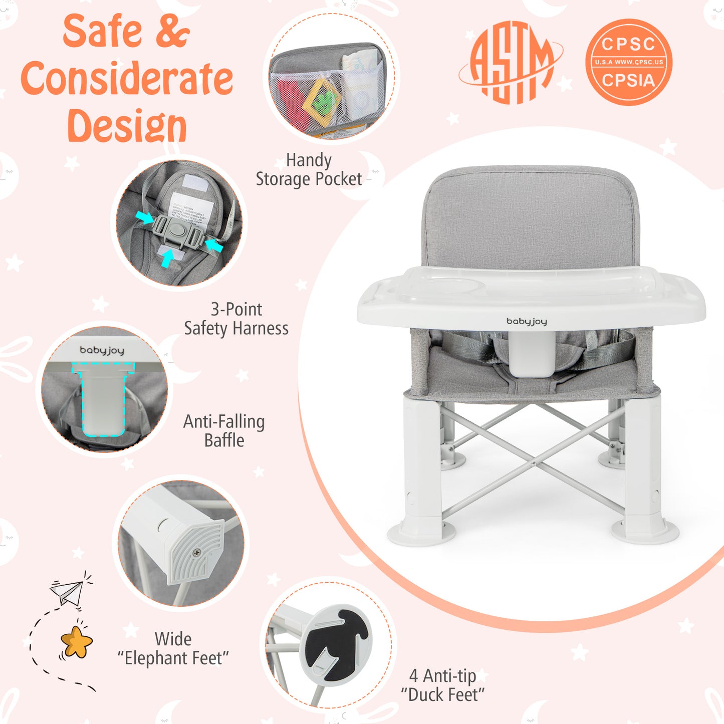 Portable Baby Booster Seat with Double Tray and Storage Bag