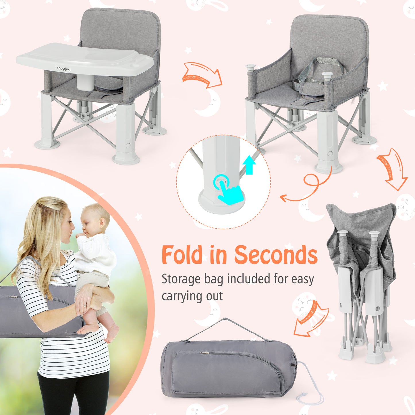 Portable Baby Booster Seat with Double Tray and Storage Bag