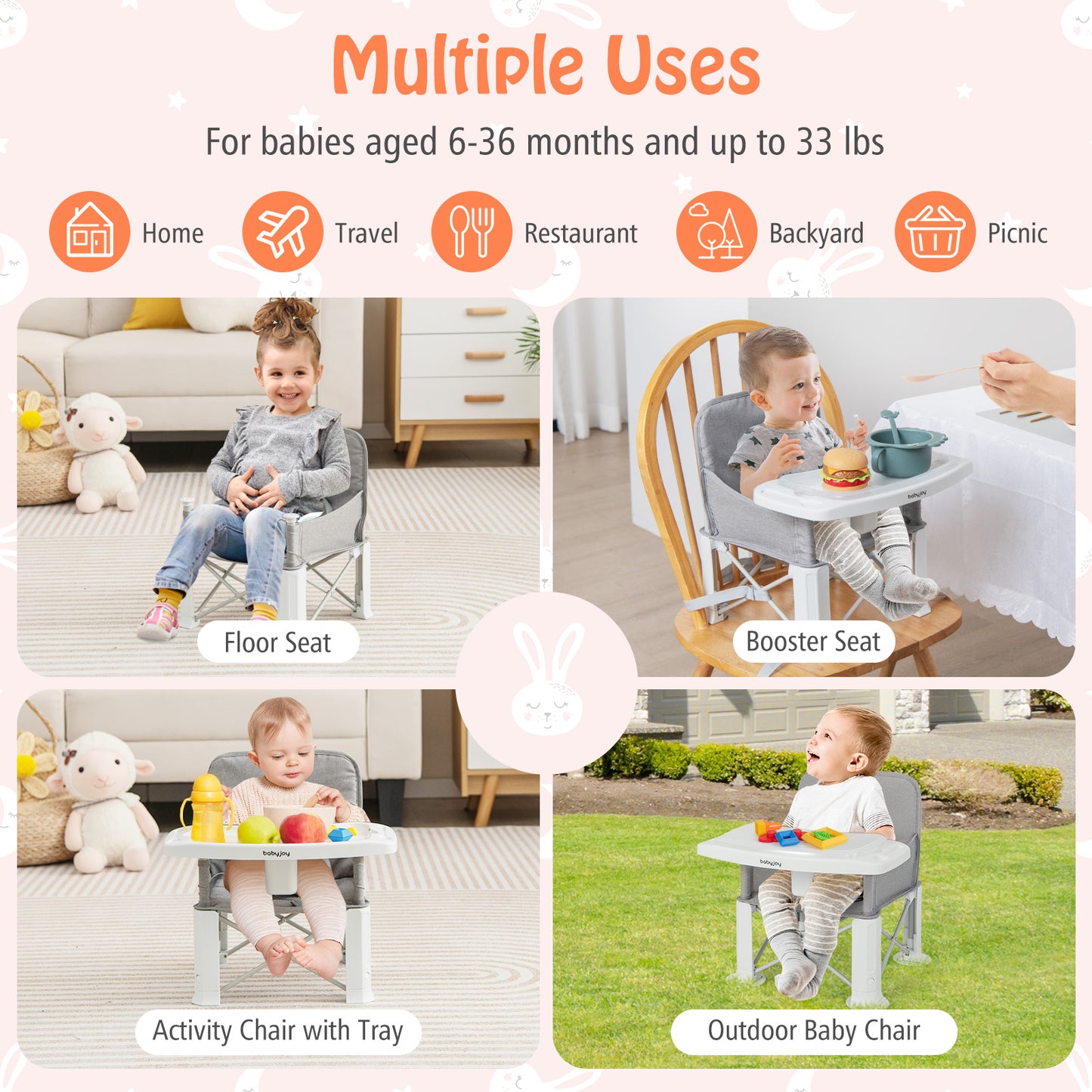 Portable Baby Booster Seat with Double Tray and Storage Bag