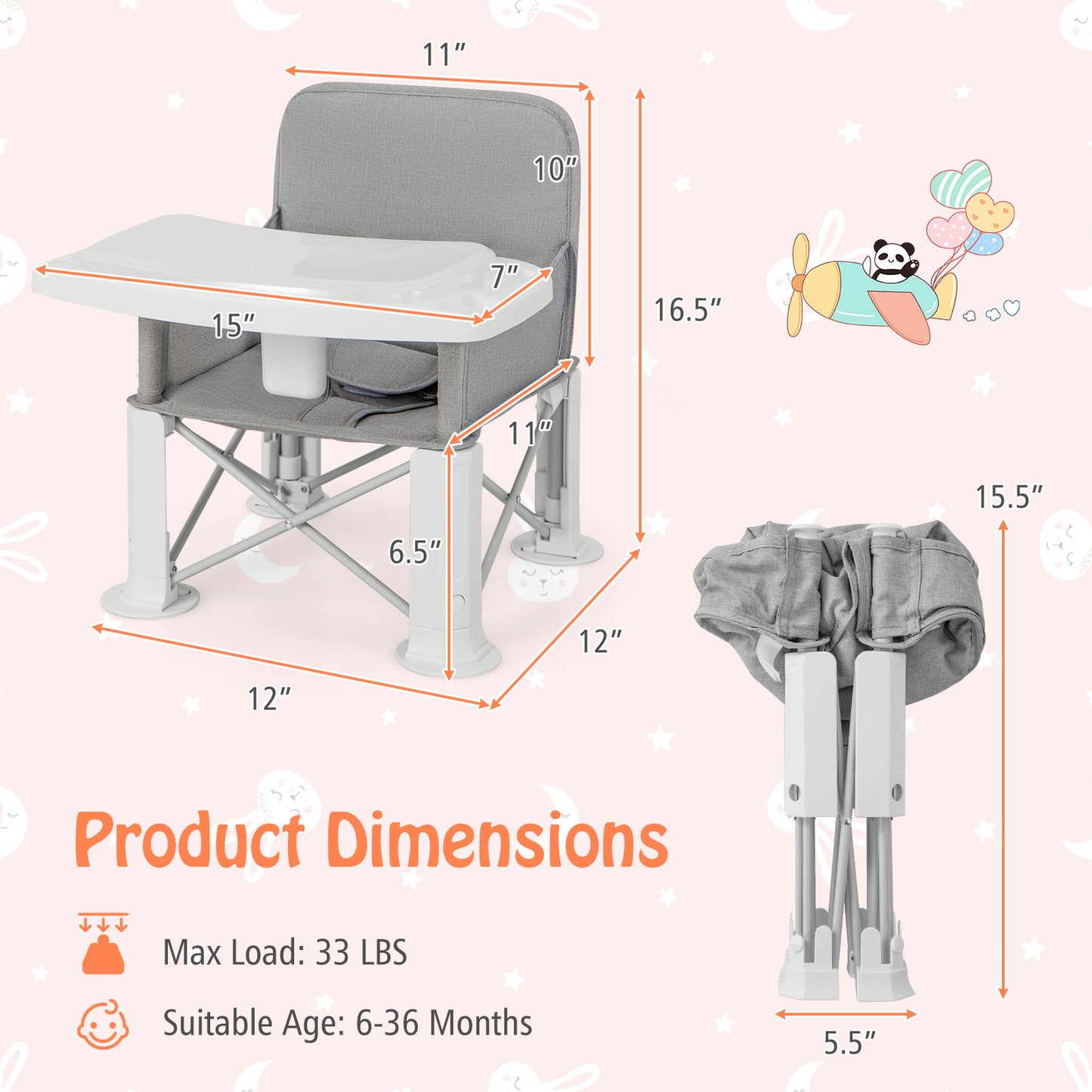 Portable Baby Booster Seat with Double Tray and Storage Bag