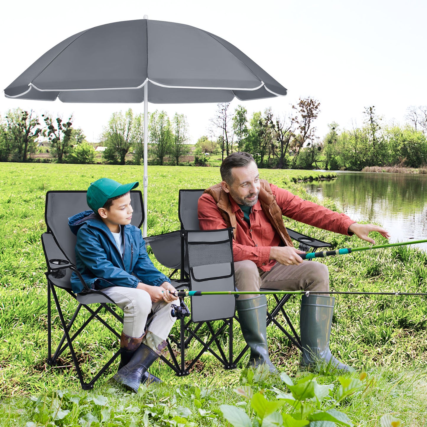 Folding Double Chair with Umbrella and Cooler Bag