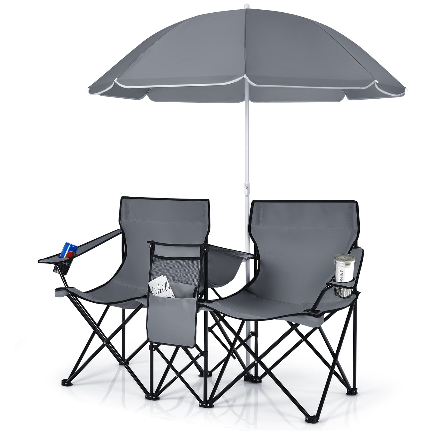 Folding Double Chair with Umbrella and Cooler Bag