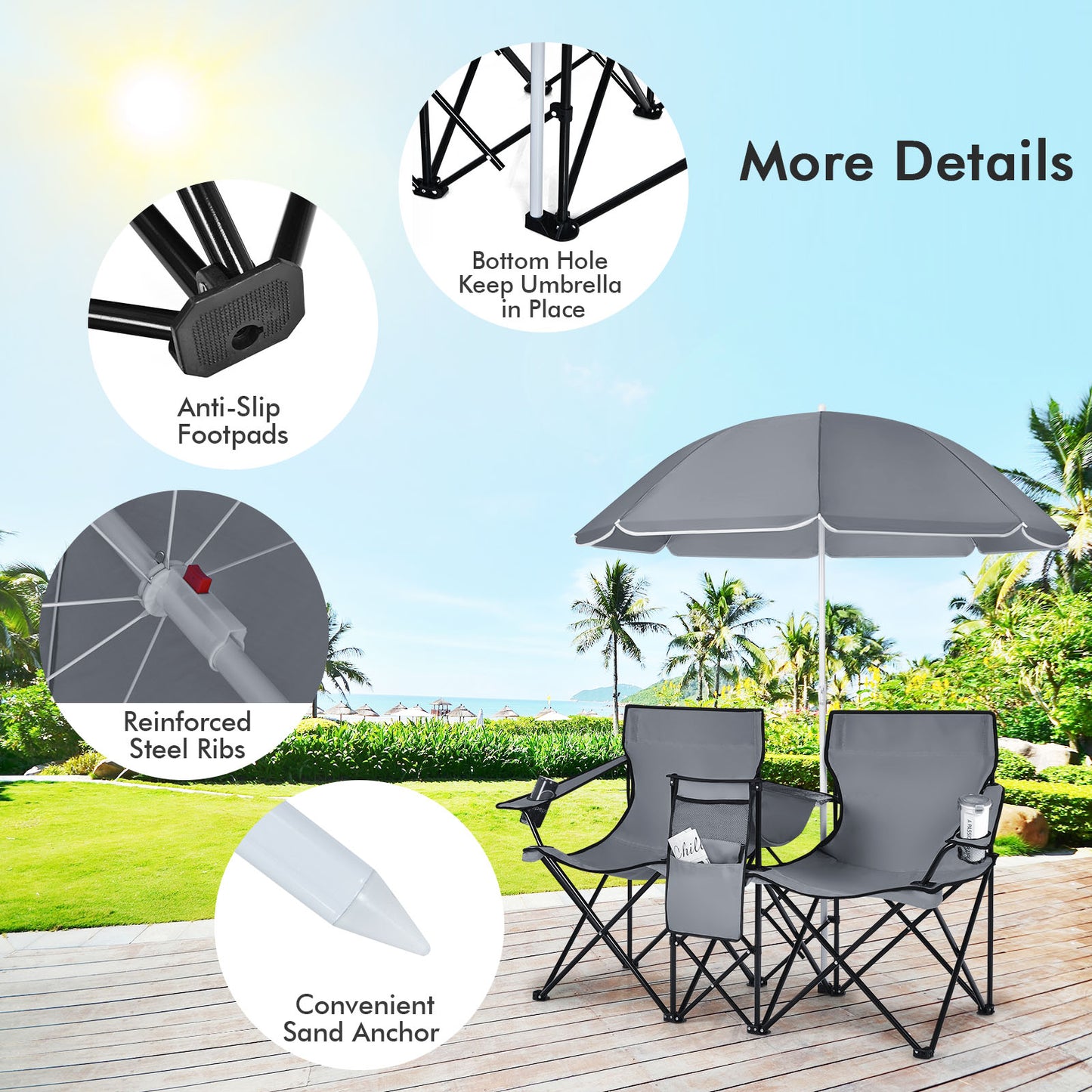 Folding Double Chair with Umbrella and Cooler Bag