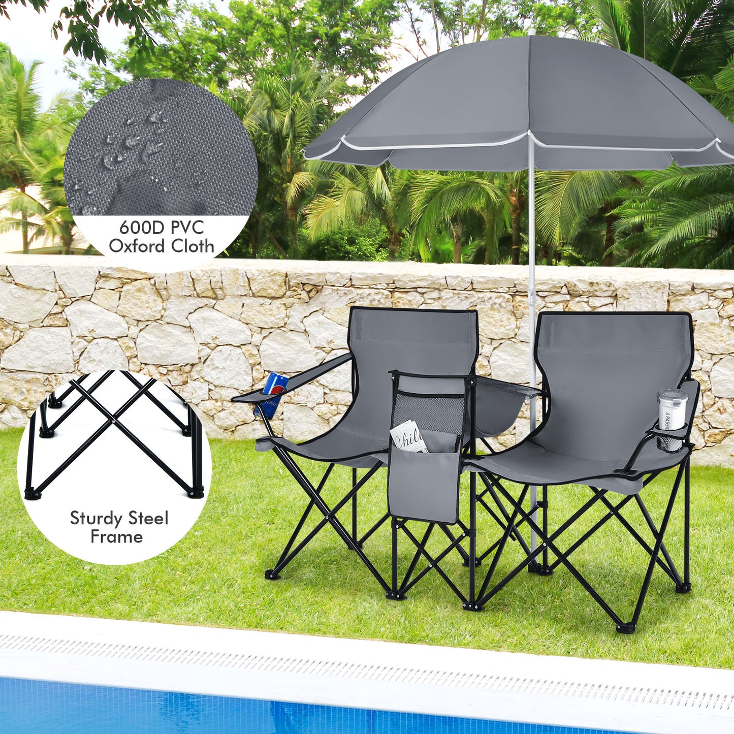 Folding Double Chair with Umbrella and Cooler Bag