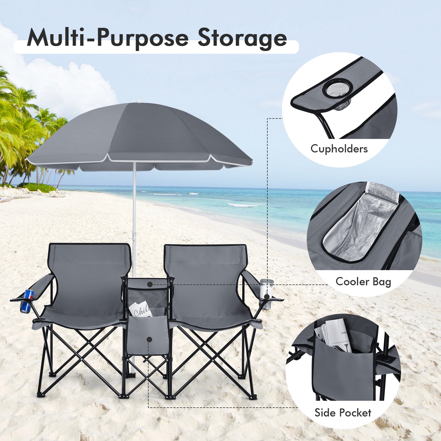 Folding Double Chair with Umbrella and Cooler Bag