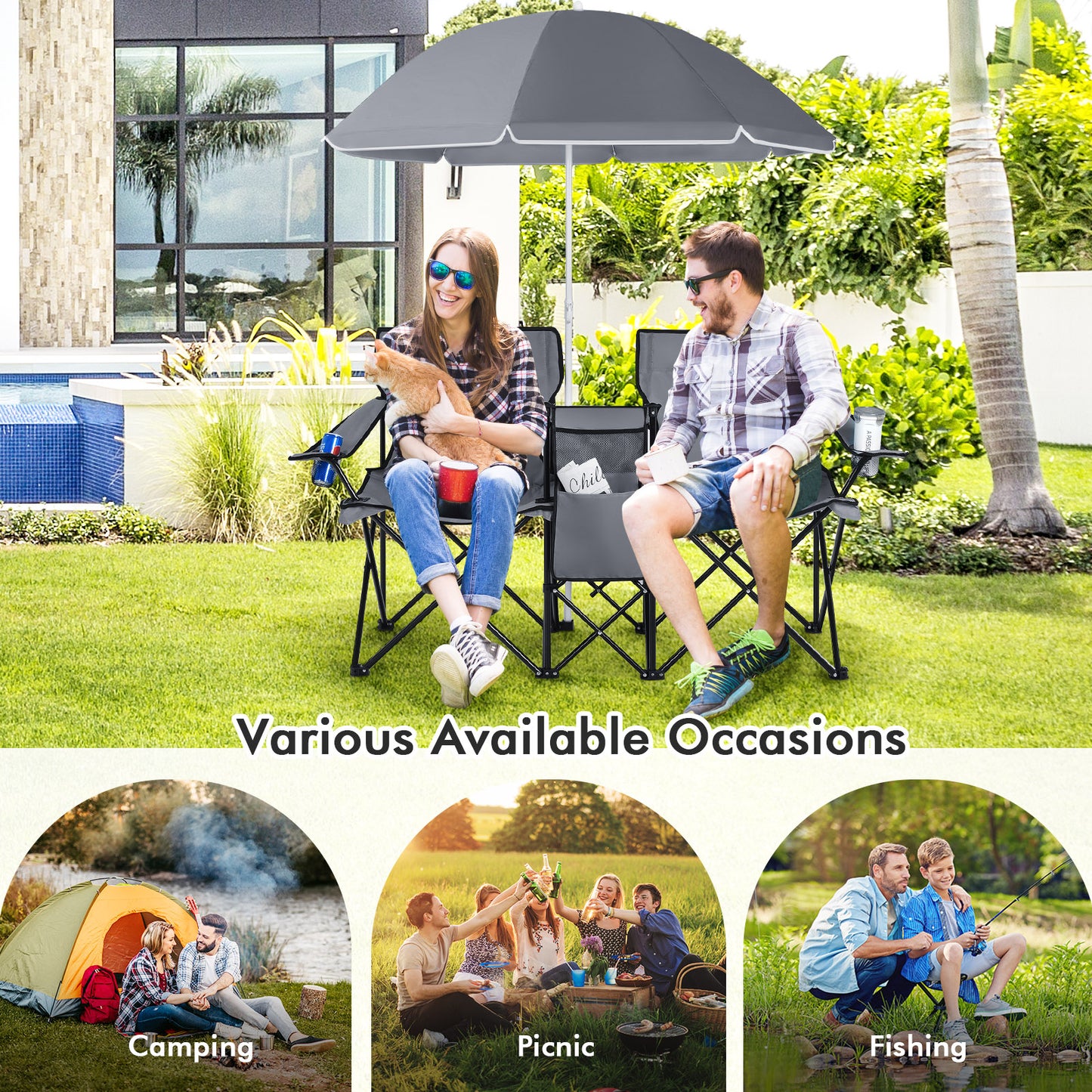 Folding Double Chair with Umbrella and Cooler Bag