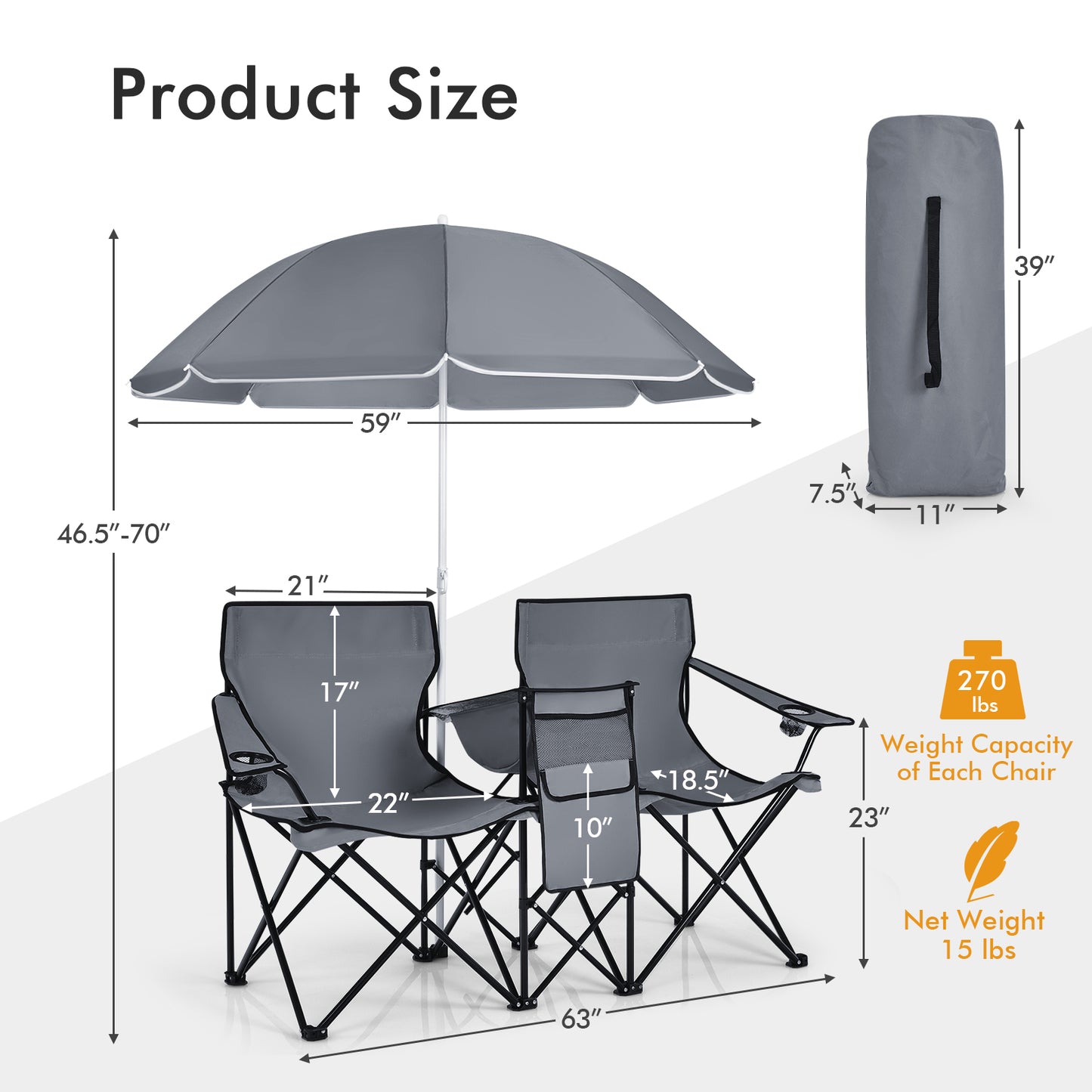 Folding Double Chair with Umbrella and Cooler Bag