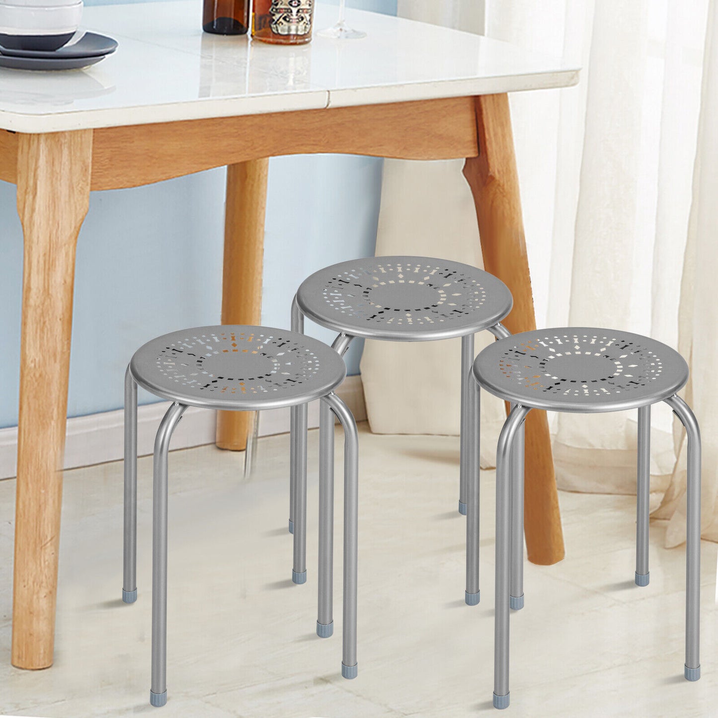 Stackable Metal Stools with Daisy Design - Set of 6