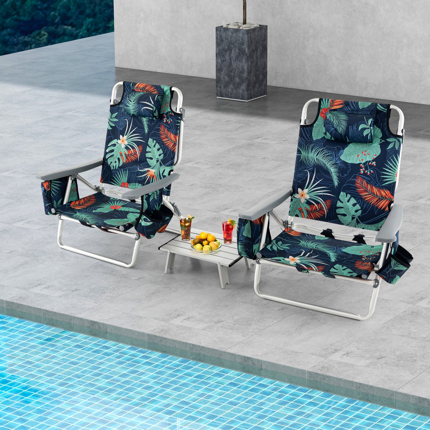 Folding Beach Chair Set with Table - 2 Pack Reclining Chairs