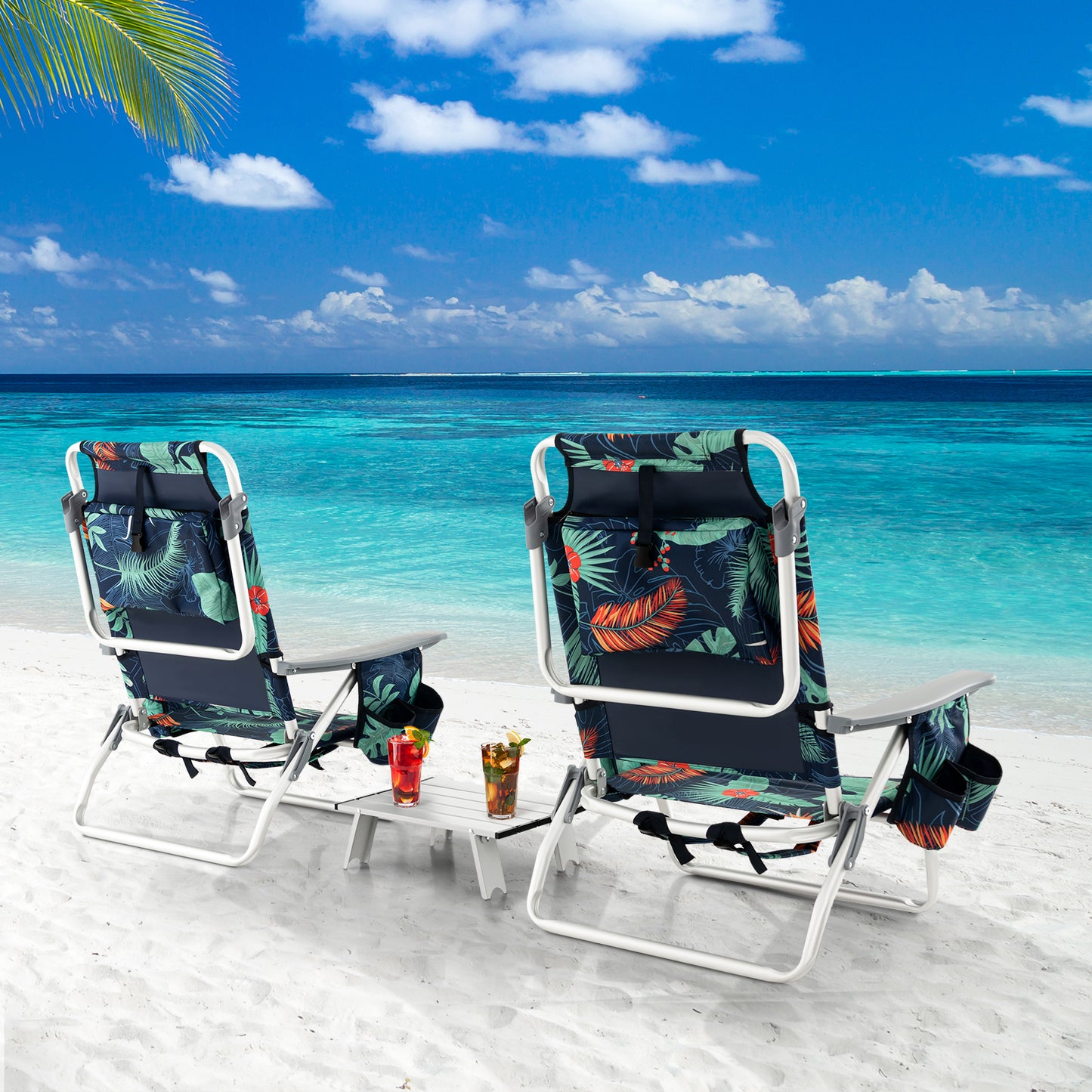 Folding Beach Chair Set with Table - 2 Pack Reclining Chairs