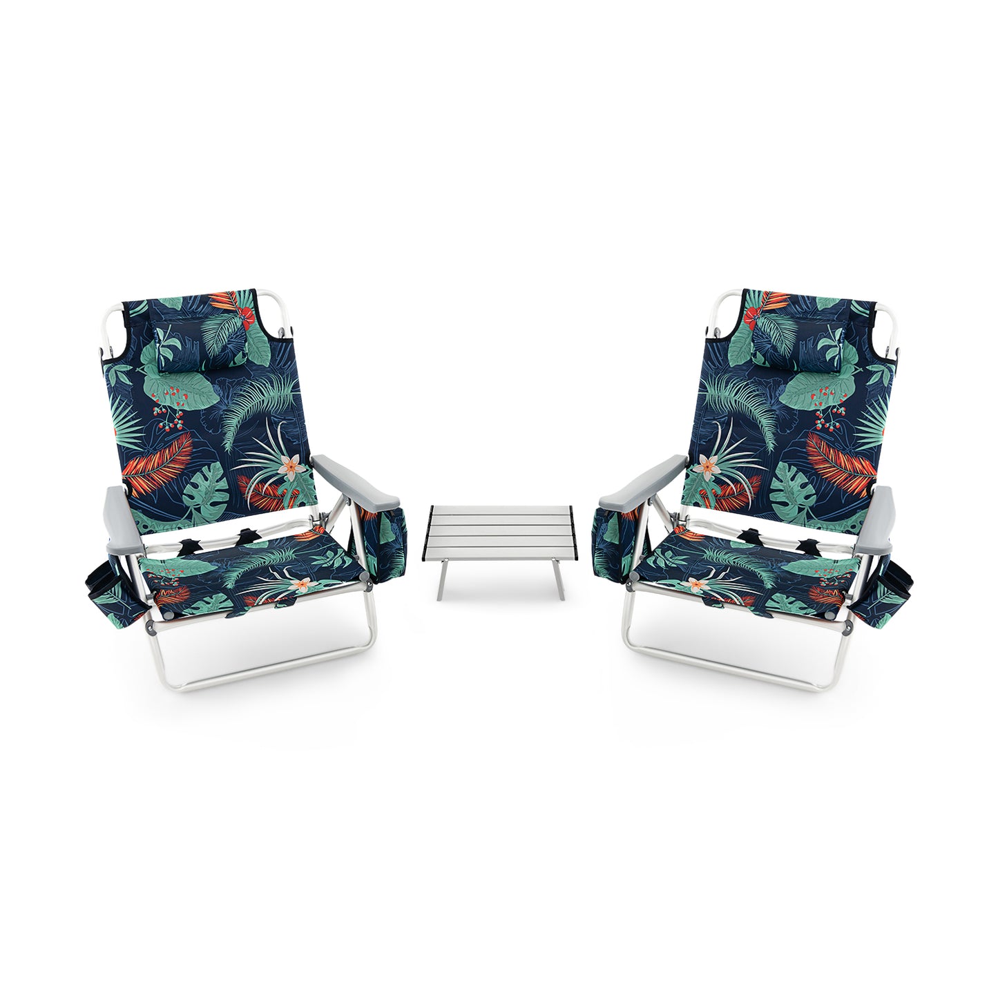 Folding Beach Chair Set with Table - 2 Pack Reclining Chairs