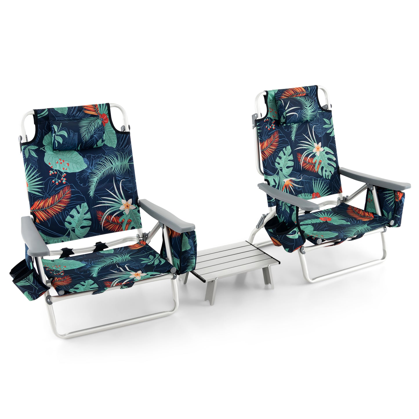 Folding Beach Chair Set with Table - 2 Pack Reclining Chairs
