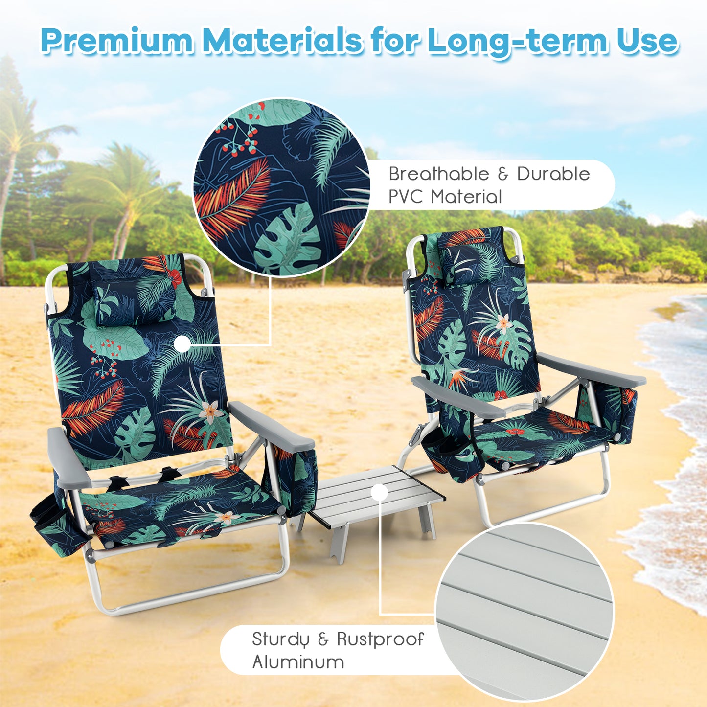 Folding Beach Chair Set with Table - 2 Pack Reclining Chairs
