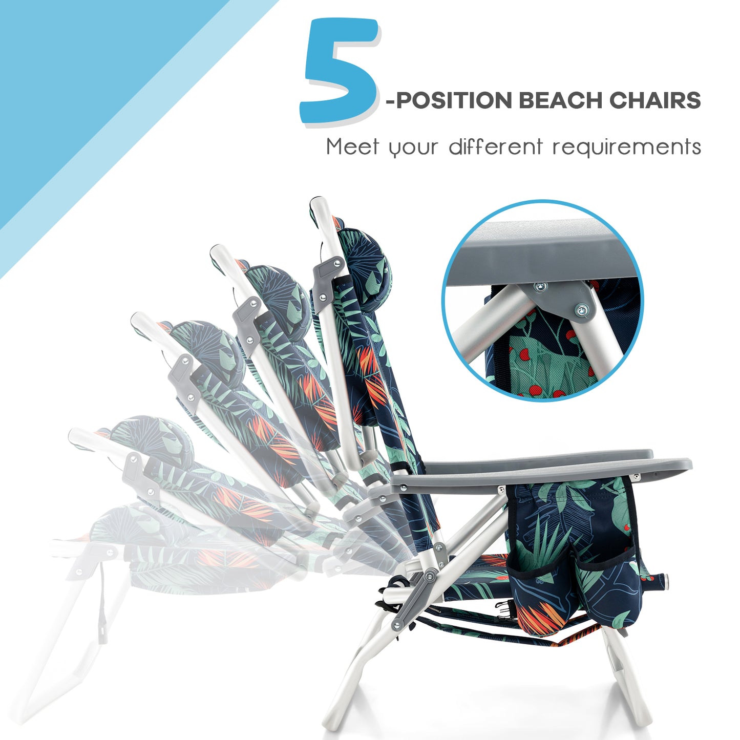 Folding Beach Chair Set with Table - 2 Pack Reclining Chairs