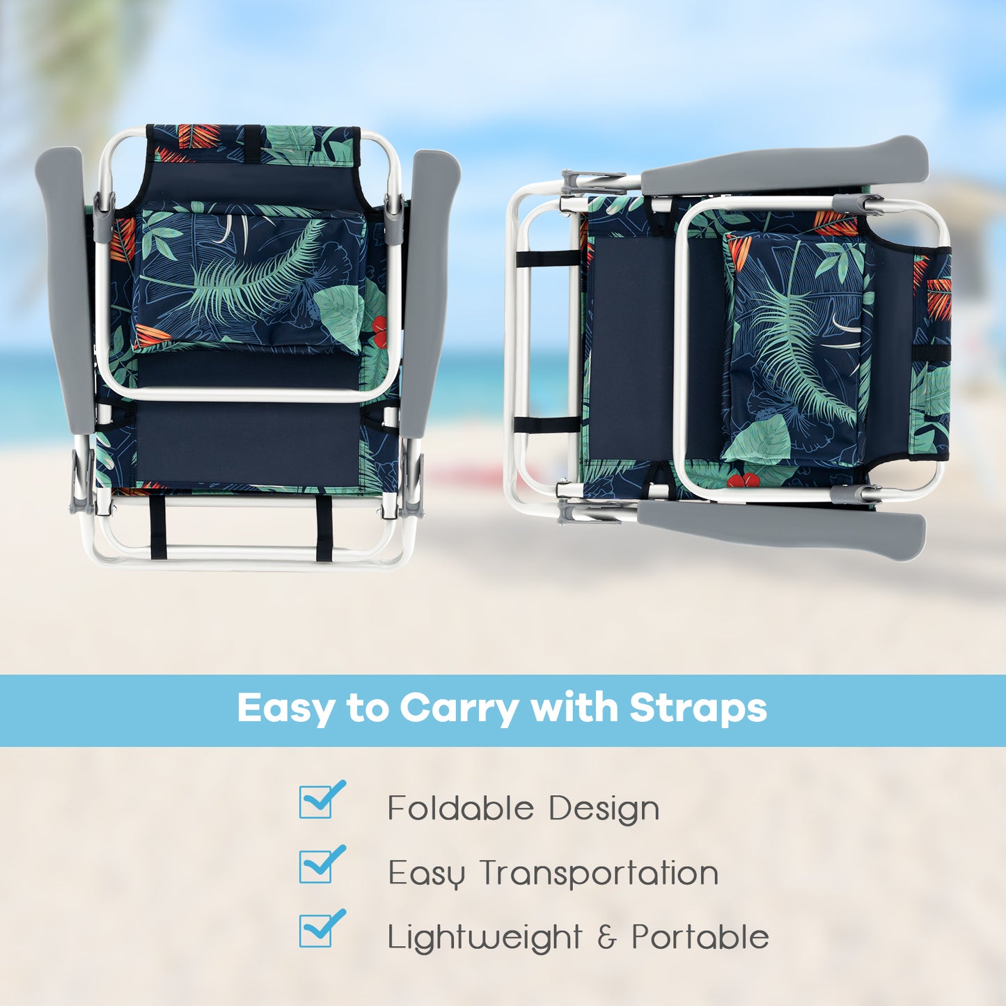Folding Beach Chair Set with Table - 2 Pack Reclining Chairs