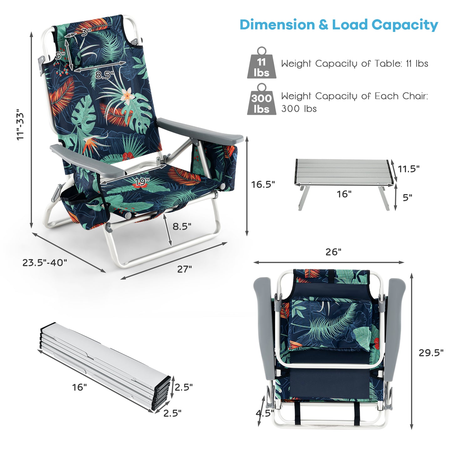 Folding Beach Chair Set with Table - 2 Pack Reclining Chairs