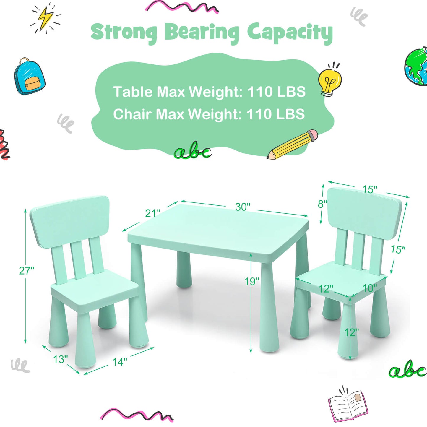 Kids Table and Chair Set - 3 Piece Multi Activity Play Set