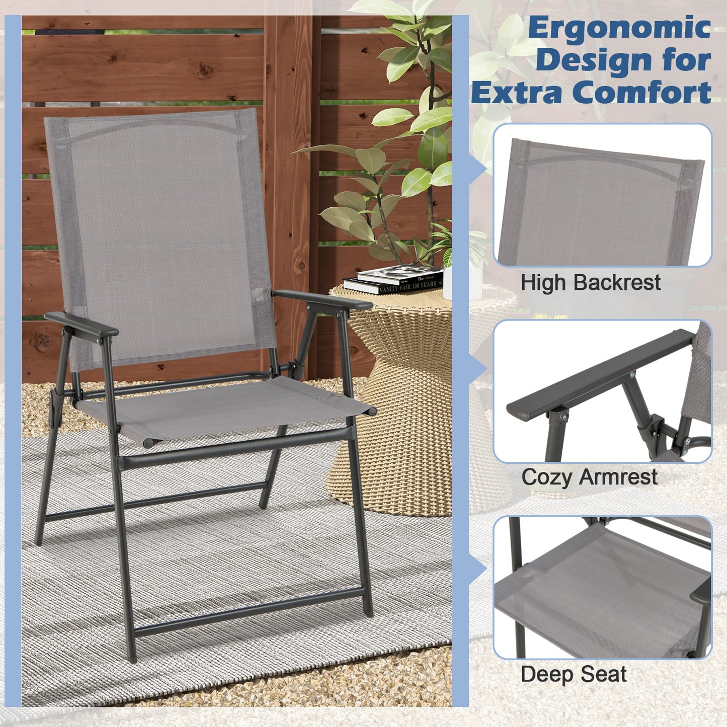 Folding Patio Dining Chairs with Armrests - Set of 2