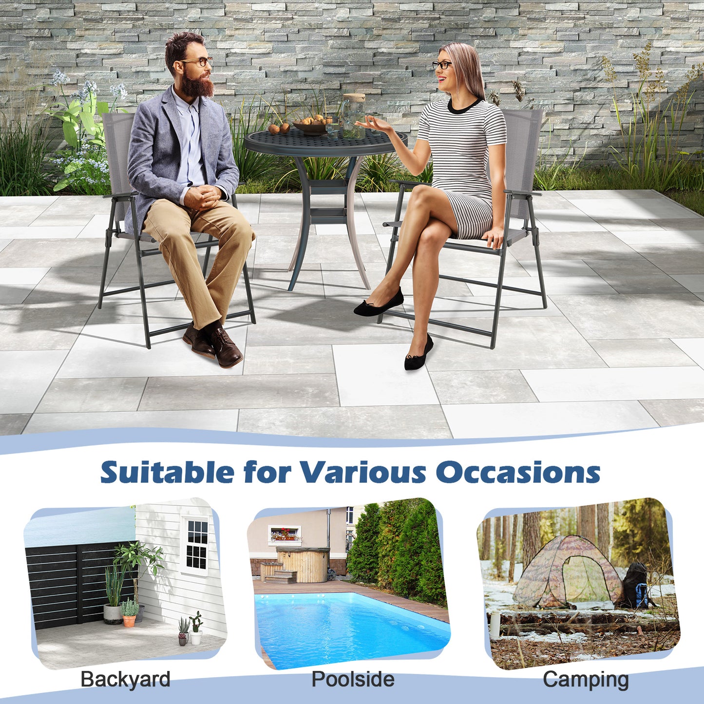 Folding Patio Dining Chairs with Armrests - Set of 2