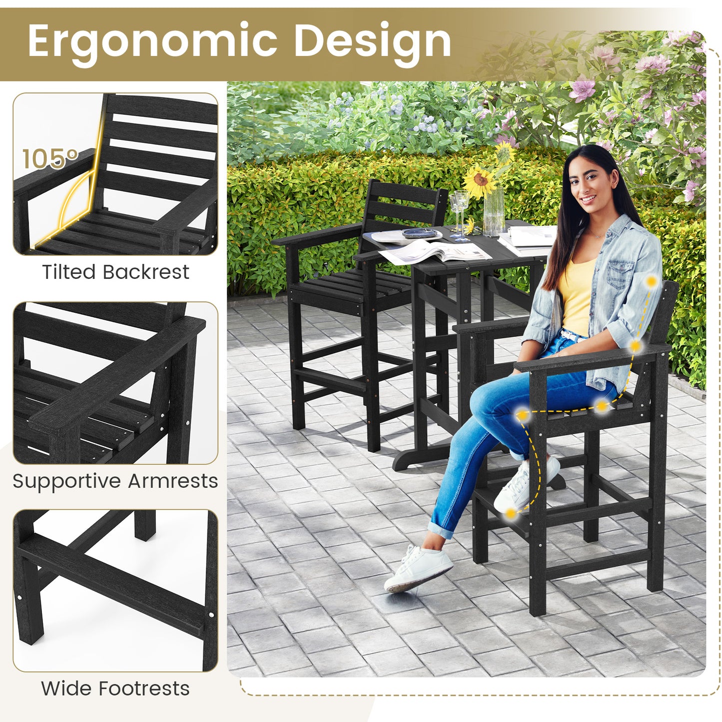 HDPE Adirondack Bar Chairs Set of 2 with Wide Armrests