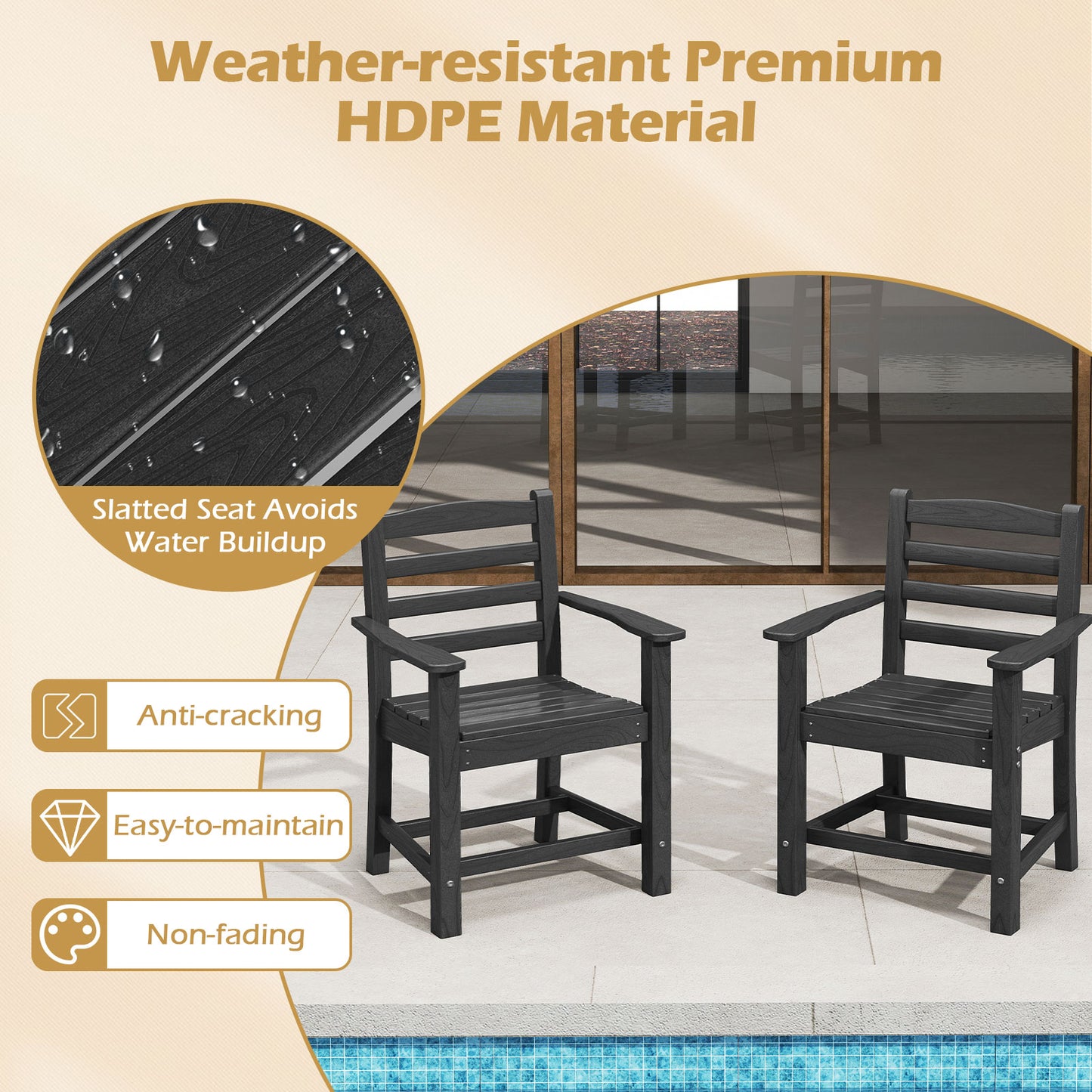 HDPE Patio Dining Chairs Set of 2 with Wide Armrests